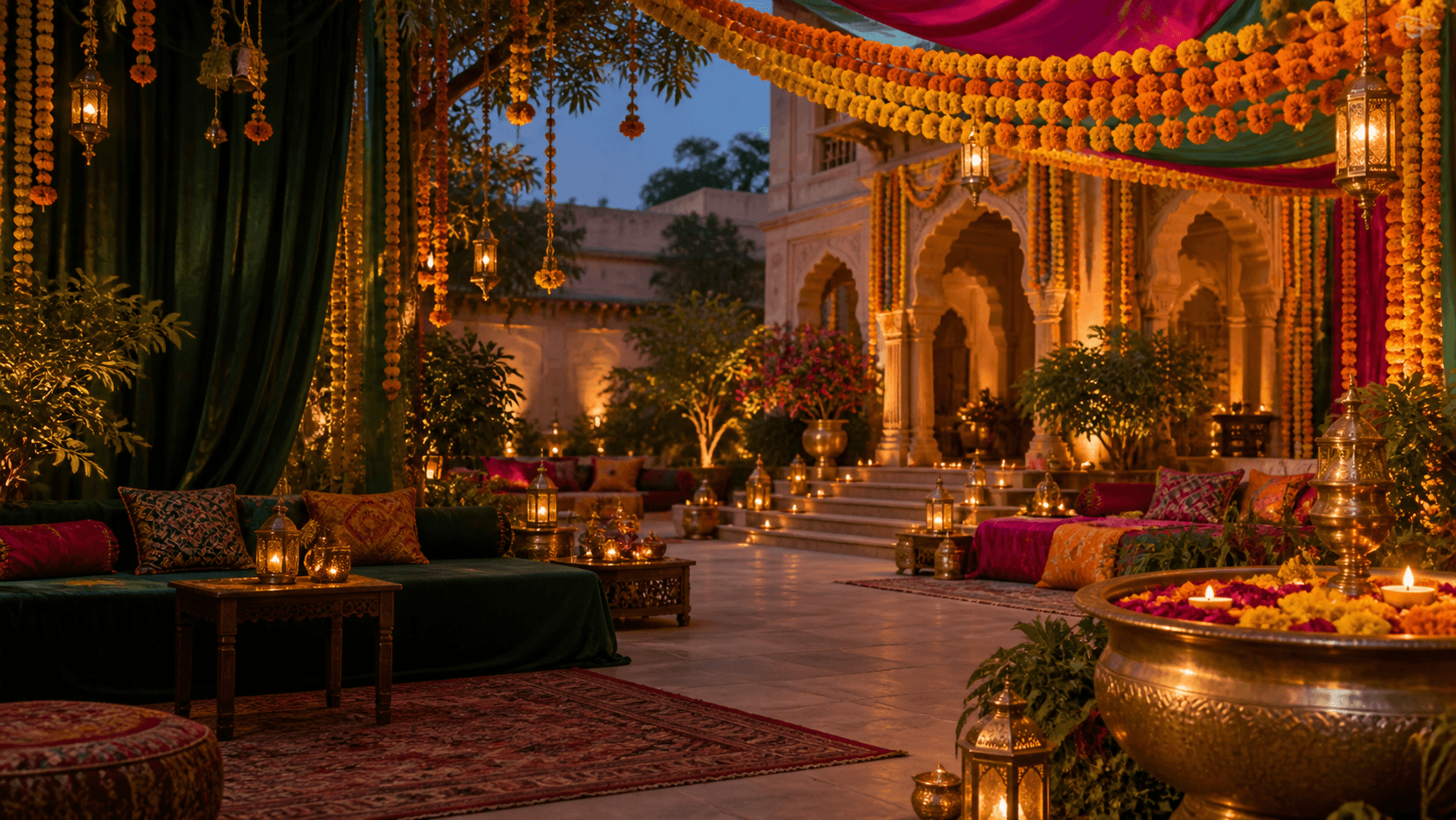 Editorial inspiration: an Indian celebration courtyard with marigold garlands, colorful textiles, and brass lamps
