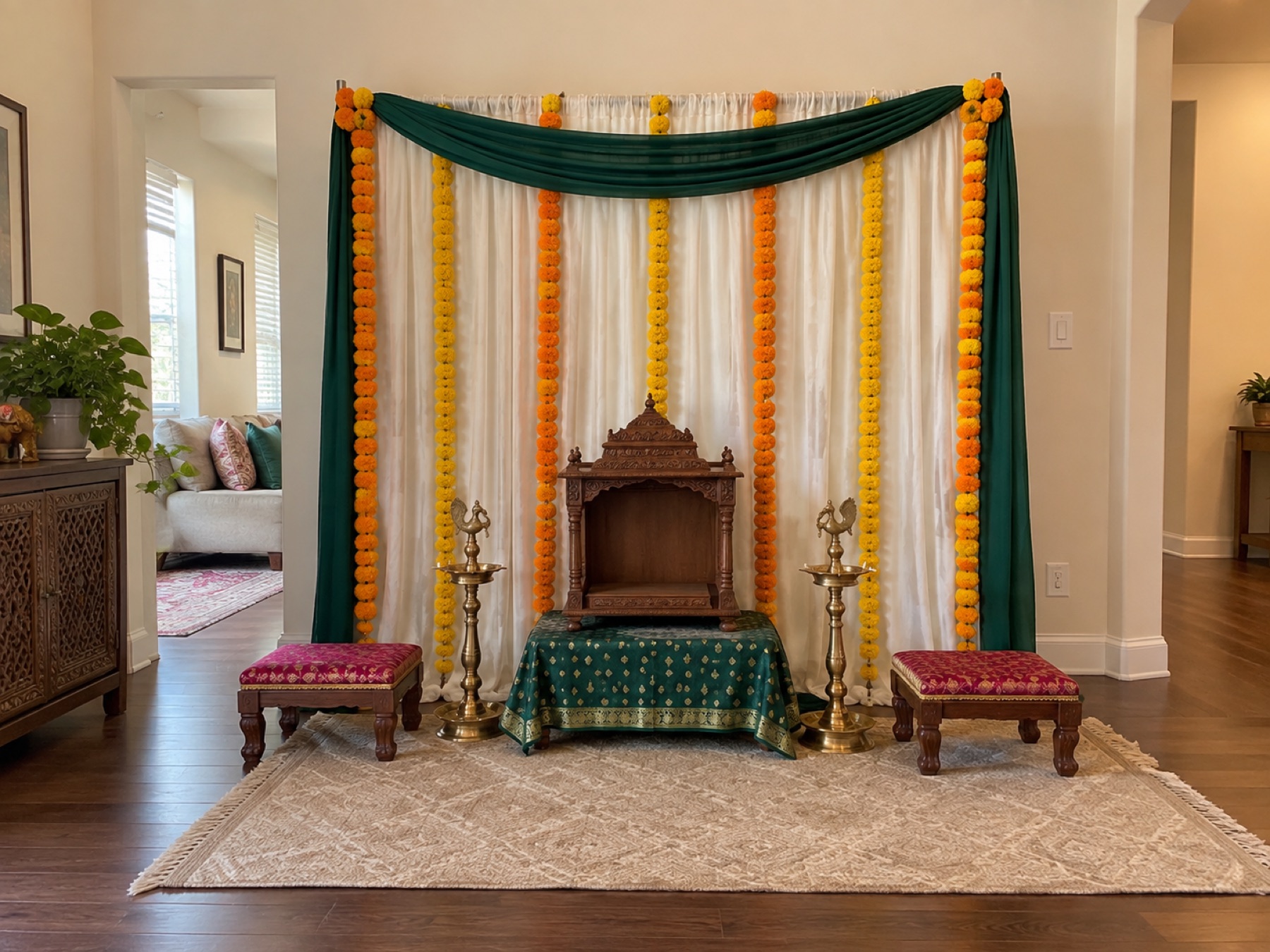 A home puja setup with marigold garland strings, cream and green drapes, a wooden mandir and low seating